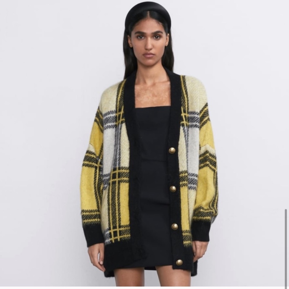 Zara Plaid Oversized Cardigan with gold buttons